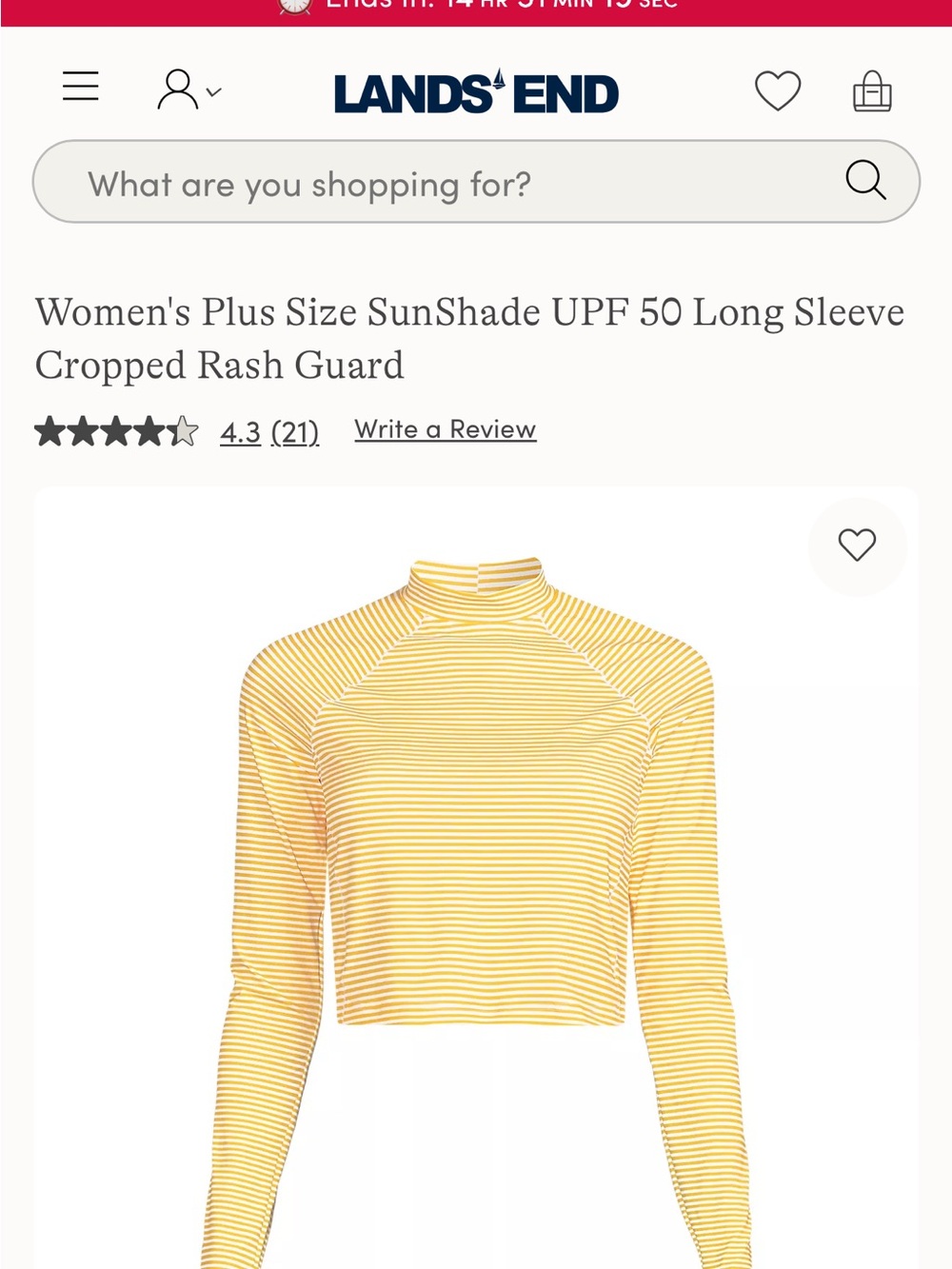Lands' End Women's Yellow & White Striped Long Sleeve Cropped Rash Guard